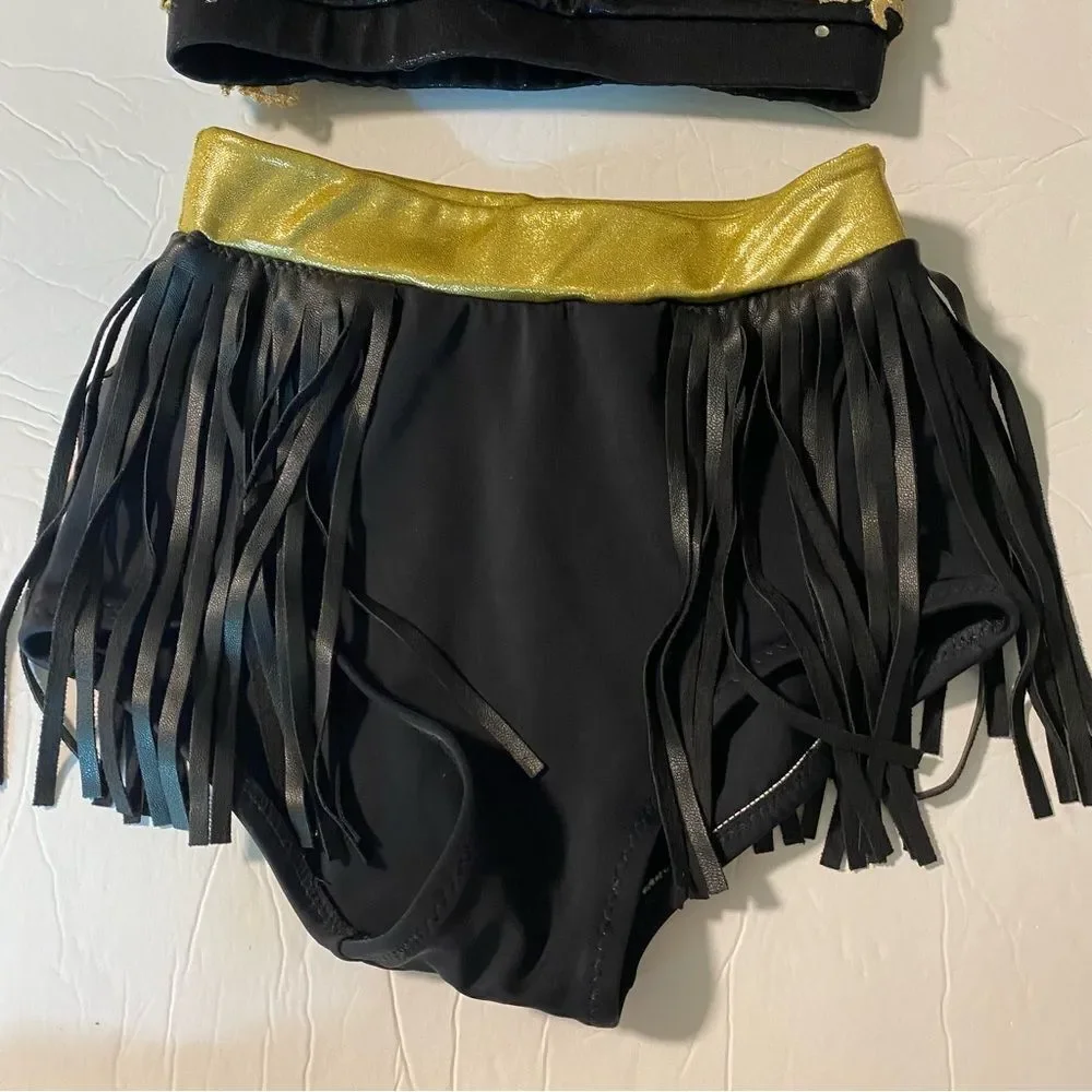 Custom glamorous mature solo dance costume 2 piece leather fringe black MC LC